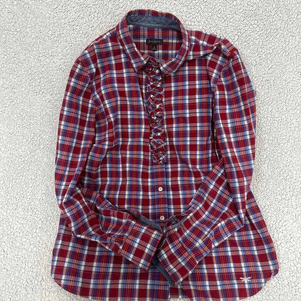 Talbots Red Blue Plaid Ruffle Front Button Down Blouse Size 8 Cotton